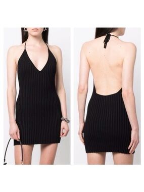Gauge81 Black Ribbed Backless Plunge Neck Halter Mini Dress